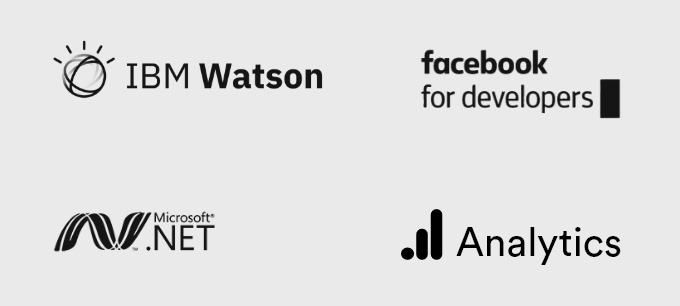 Logotipos ibm watson, microsoft.net, facebook for developers, analytics